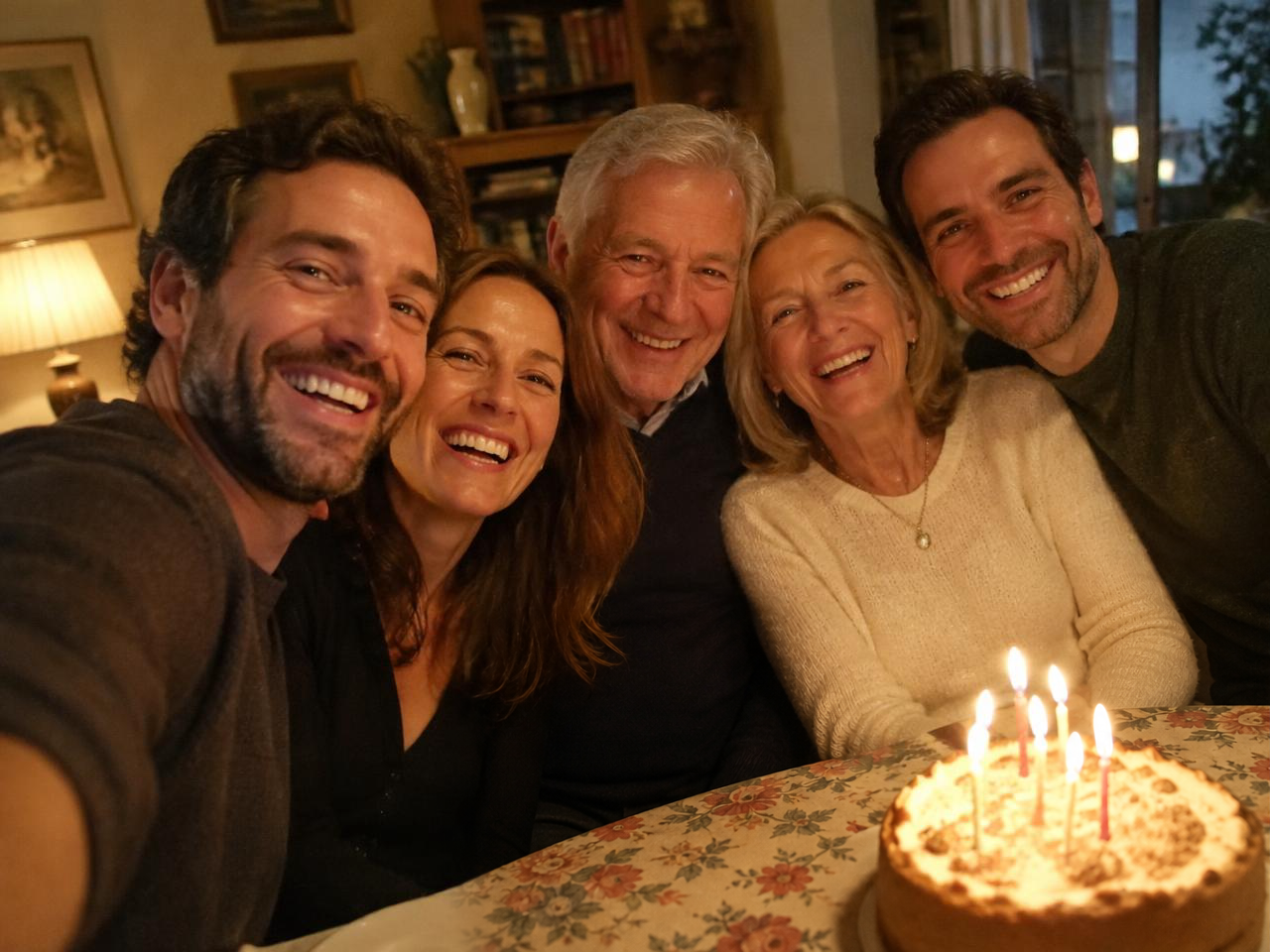 Adult family members taking a selfie at a birthday celebration